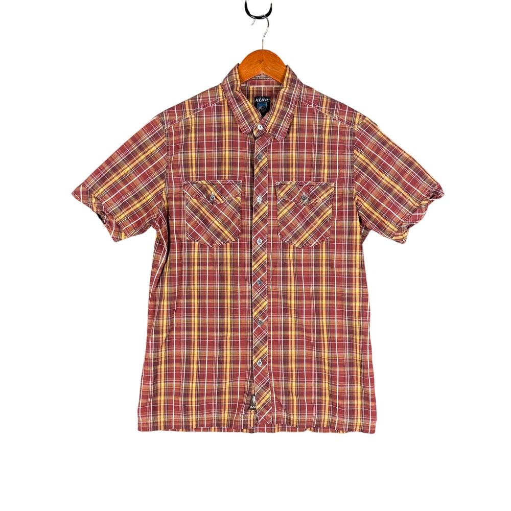 Kuhl Suncel Plaid Short Sleeve Button‎ Up Shirt Orange Red Yellow Mens Small EUC